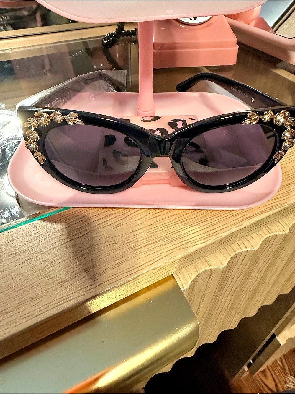 Black & Gold Floral Embellished Sunglasses New